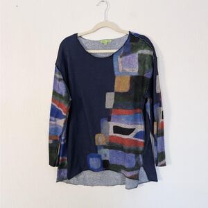 Trisha Tyler Tunic Blouse Womens Large Blue Abstract Geometric Knit Long Sleeve